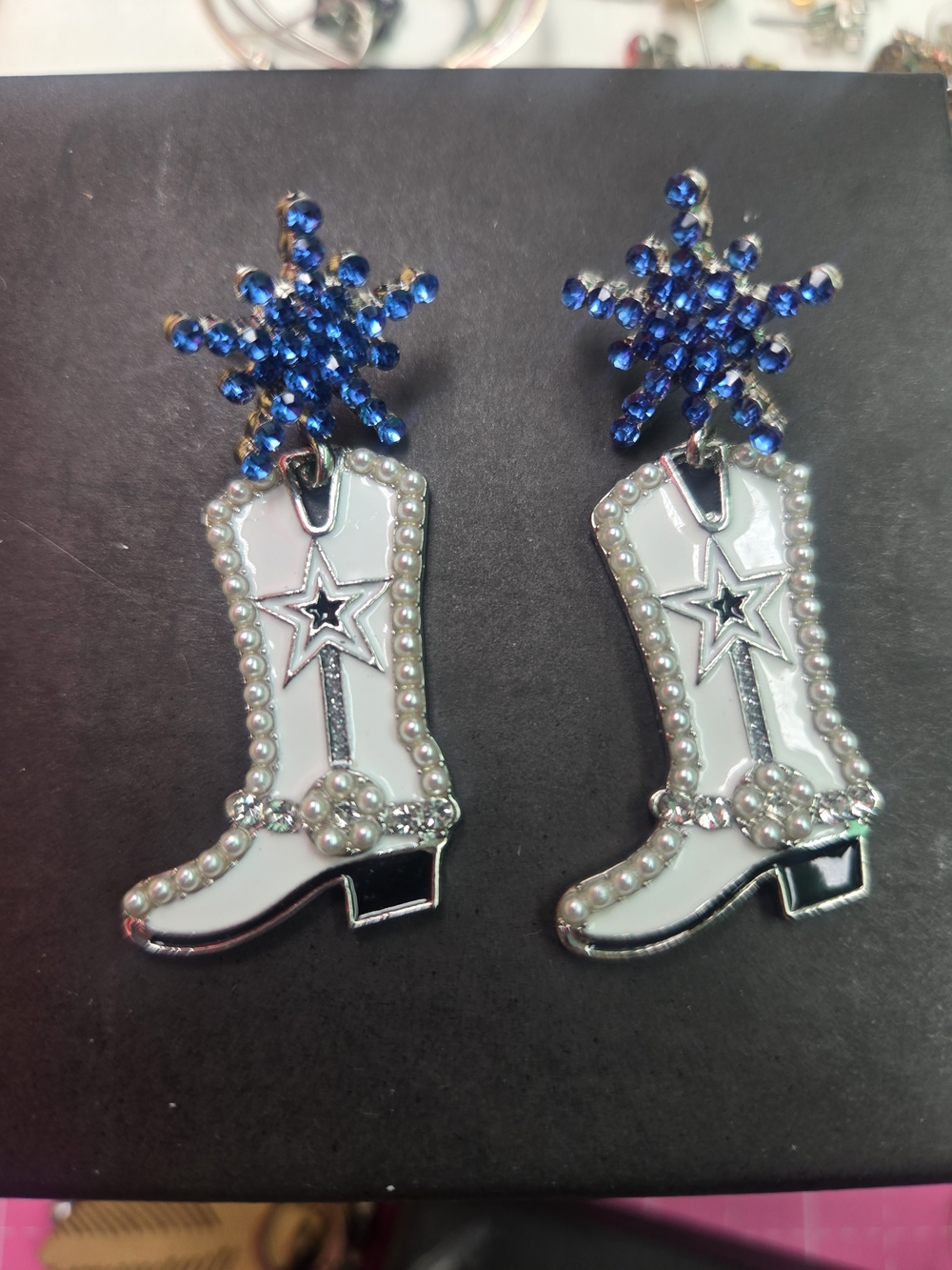 white and blue enamel cowboy boot Earrings